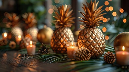Golden pineapples, candles, pine cones, and palm leaves on a wooden table, creating a warm and festive ambiance.