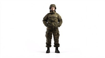 A full-body portrait of a soldier in a camouflage uniform standing at attention against a plain white background
