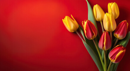 Bouquet of red-yellow and yellow tulips isolated on red background. Space for text