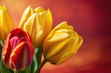 Red-yellow and yellow tulips isolated on dark red background