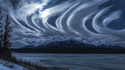 Moonlit Swirling Clouds Over Snowy Mountains And Frozen Lake