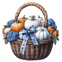 Decorative basket filled with pumpkins and hydrangeas in autumn hues