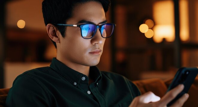 Asian man using smartphone in low light environment