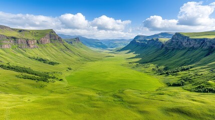 Fototapeta premium Lush green valley, mountain landscape, sunny day, aerial view, nature background