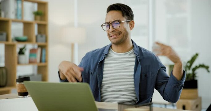 Home, excited and dance with man, laptop and silly with fun goofy and nerdy with connection, relax and funny. Apartment, person and guy with hot coffee, pc and burn with accident, cool and calm