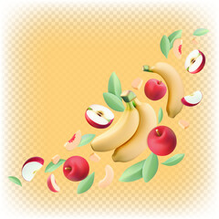 Mix of bananas, apples, peach and mint. Vector 3D salad. Flying fruit dessert illustration.