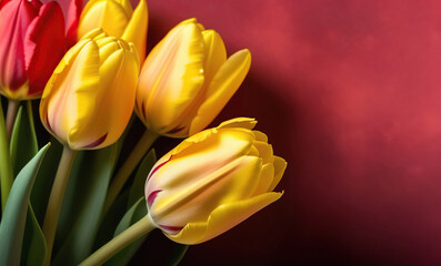Red and yellow tulips isolated on dark red background