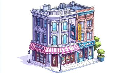 Naklejka premium full color cartoon isometric storefront with outline strokes