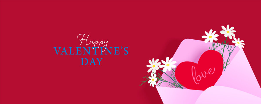 Heart with deisy flowers in letter. Greeting banner for St.Valentine's day.
