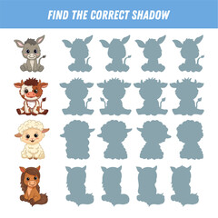 Find the correct shadow of the animals. Sheep, horse, donkey, cow. Educational logic game for children. Cute animal cartoon characters. Vector illustration
