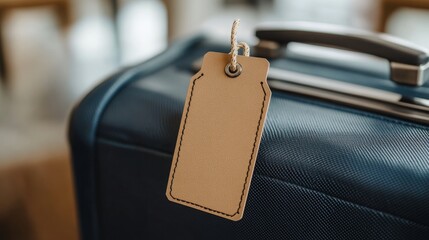 A close-up of a single luggage tag attached to a modern suitcase handle