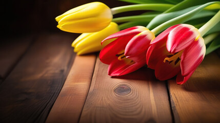 Bouquet of red and yellow tulips lies on wooden boards