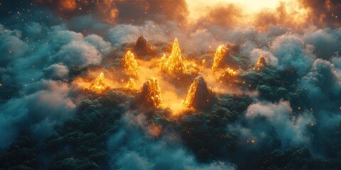 Obraz premium Floating crystal islands above misty rainforest, golden hour lighting scattered light beams in teal and amber colors