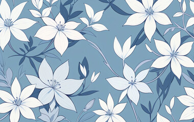 Fototapeta premium Seamless doodle botanicals pattern in a winter color palette of pale dusty blue and white. Seamless botanical pattern in pastel blue and white. All over abstract floral print 
