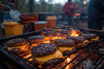  Grill master flipping burgers with metal spatula as flames dance beneath patties, creating a sizzling and mouthwatering outdoor barbecue scene.