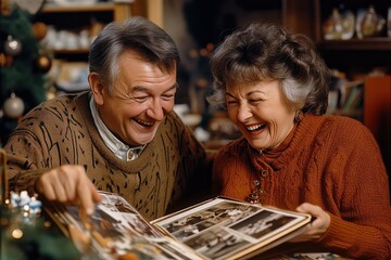 Fototapeta premium Elderly couple joyfully flipping through a photo album, reminiscing cherished memories in a cozy holiday-decorated home, capturing warmth, nostalgia, and the beauty of lifelong love.