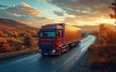 Red truck driving on a scenic road at sunset during autumn