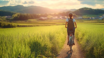 A traveler riding a bicycle through a scenic rural path, with green fields and eco-friendly transportation in the foreground
