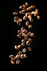 Dynamic coffee beans appear suspended against a black backdrop, embodying movement and depth. Captured in award-winning style, this image showcases the elegance of food photography.
