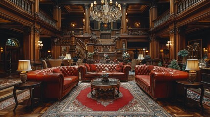 Obraz premium Grand mansion interior with opulent furnishings, including leather sofas, a large chandelier, and intricate wooden details.