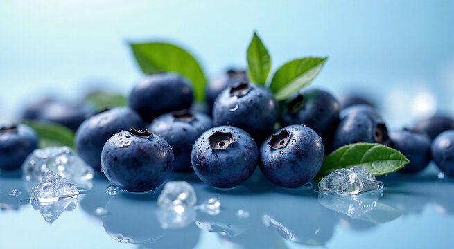 Fresh blueberries with ice cubes and green leaves on a reflective surface. Delicious and juicy, perfect for a refreshing snack or dessert. Beautifully captured with a cool blue theme.
