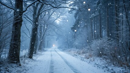 Naklejka premium Snowy road in magical winter forest with falling snow, wonderland background.
