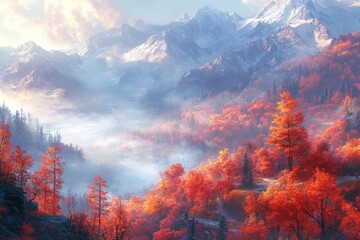 Naklejka premium Autumnal mountain valley sunrise mist