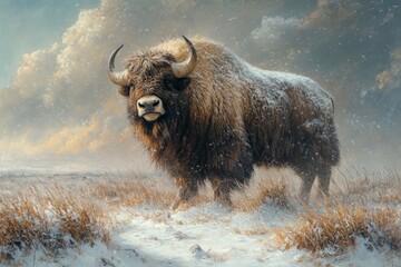 Bison in snowy field, winter storm. Wildlife nature scene, poster
