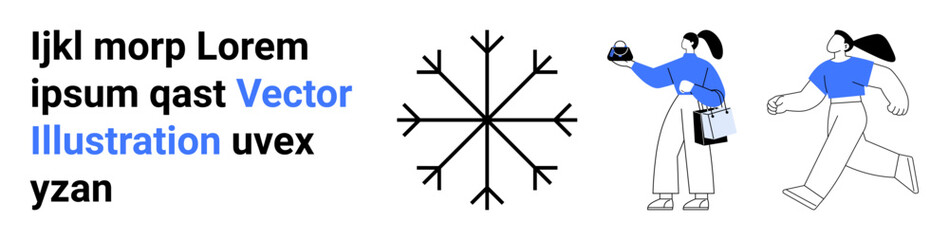 Snowflake graphic beside two walking characters with blue accents, one holding a box, another carrying a bag. Ideal for winter themes, minimalism, shopping, business, movement, festive design flat