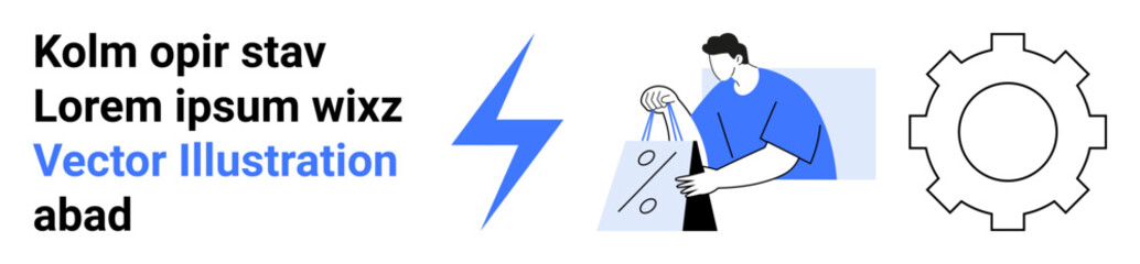 Man holding shopping bags, lightning bolt, and gear icon convey themes of shopping, technology, and efficiency. Ideal for e-commerce, retail, technology, business efficiency innovation marketing