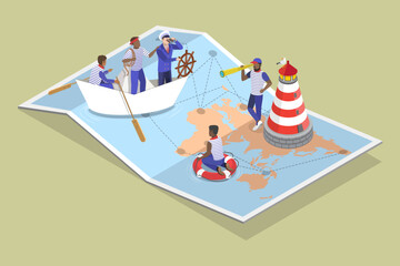 3D Isometric Flat Vector Illustration of Marine Workers In The Ocean, Ship Crew