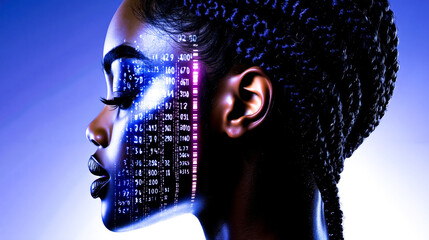 A woman's face with binary code projected on her face