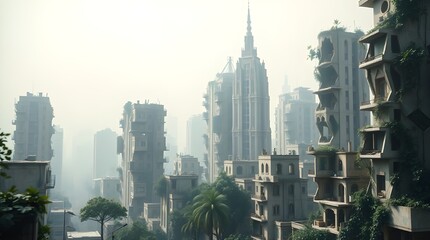 Obraz premium A ruined city overtaken by nature, with vines, trees, and wildlife thriving among crumbling skyscrapers