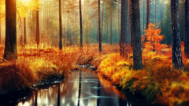 Autumnal Stream in Pine Forest: Sunlight filters through a dense pine forest, illuminating a tranquil stream reflecting the vibrant autumn foliage. The scene is painted in warm hues of orange, red.