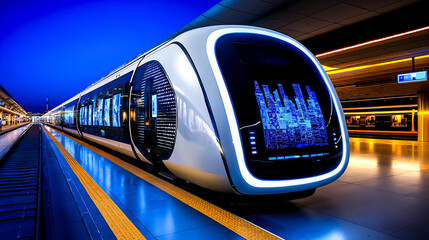 A futuristic train at a train station at night
