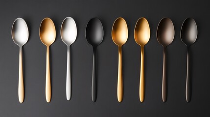 Elegant Spoons Set Modern Kitchenware Design Silver Gold Black Metal Utensils Tableware Luxury Flatlay Photography Premium Quality Restaurant         