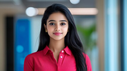 Fototapeta premium Young Indian Businesswoman Headshot - Confident young Indian businesswoman, professional portrait, modern office setting, success, ambition