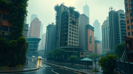 Fototapeta premium A ruined city overtaken by nature, with vines, trees, and wildlife thriving among crumbling skyscrapers