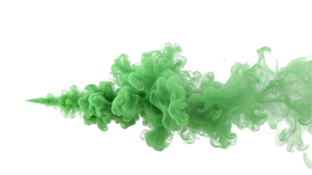 green smoke billowing outward with a soft, cloud-like texture. This eye-catching effect could be used to depict concepts of atmosphere, mystery, or even fantasy elements on transparent background