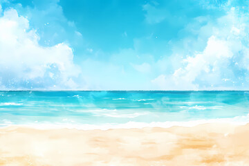 Fototapeta premium Watercolor beach with blue sky and ocean, light yellow sand in the background, with copy space