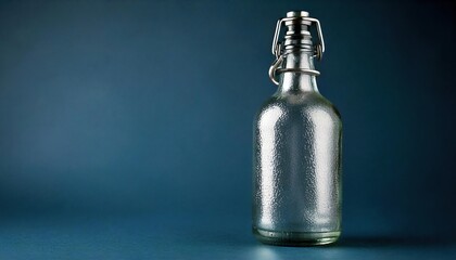 Clear glass bottle on blue background with condensation showing freshness and simplicity