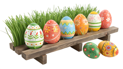 Colorful eggs on a wooden stand