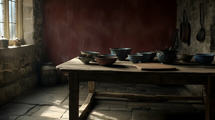 Rustic kitchen interior, sunlight streams through window, bowls on wooden table, historical setting, ideal for food blogs or historical documentaries