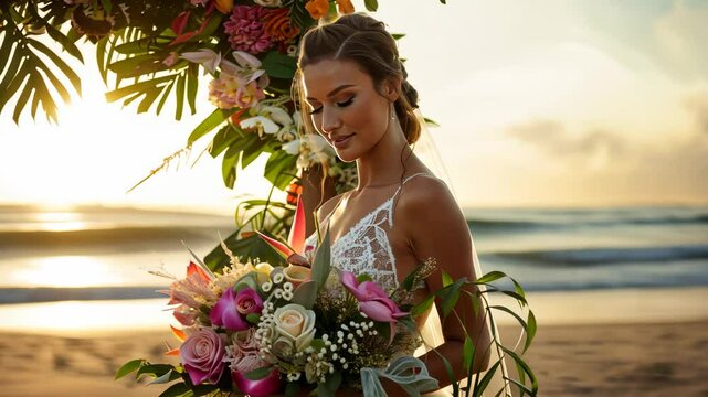 Tropical Wedding Romance: A bride in a delicate lace gown, radiant against the backdrop of a sunset-kissed beach, holds a vibrant bouquet of tropical flowers under a lush floral arch.