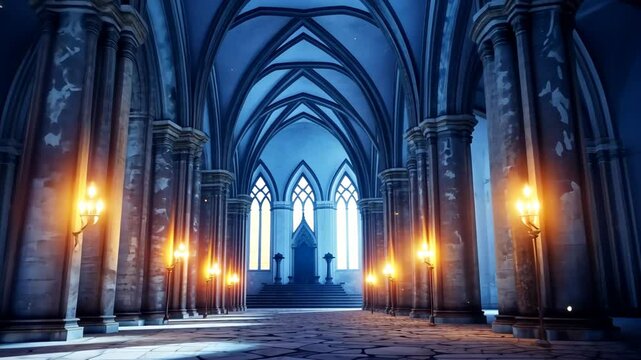 A Throne of Power: A majestic throne, shrouded in mystery, resides at the end of a grand gothic hallway, illuminated by flickering torches.