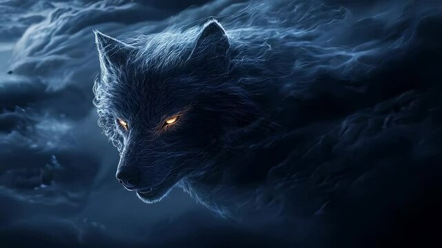 Majestic wolf with glowing eyes emerges from a swirling dark stormy sky, cinematic lighting enhances the epic and menacing atmosphere