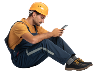 Construction worker checking phone while sitting