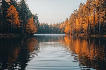 Fototapeta premium Autumn lake reflection, forest tranquil scene, nature wallpaper