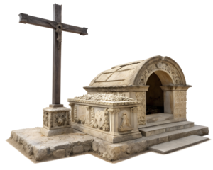Sunlit stone tomb with wooden cross