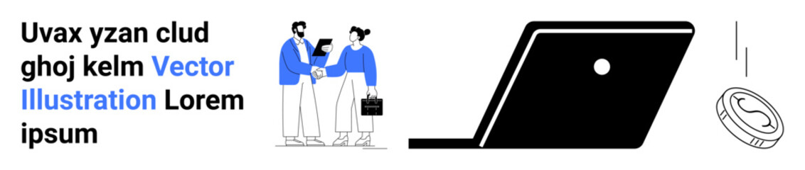 Business handshake between two professionals next to a laptop and falling coin. Ideal for teamwork, digital economy, partnership, finance, technology, entrepreneurship, business success. Abstract